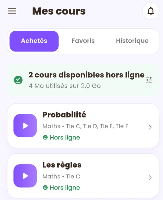 Écran « Mes cours » : deux cours disponibles hors ligne