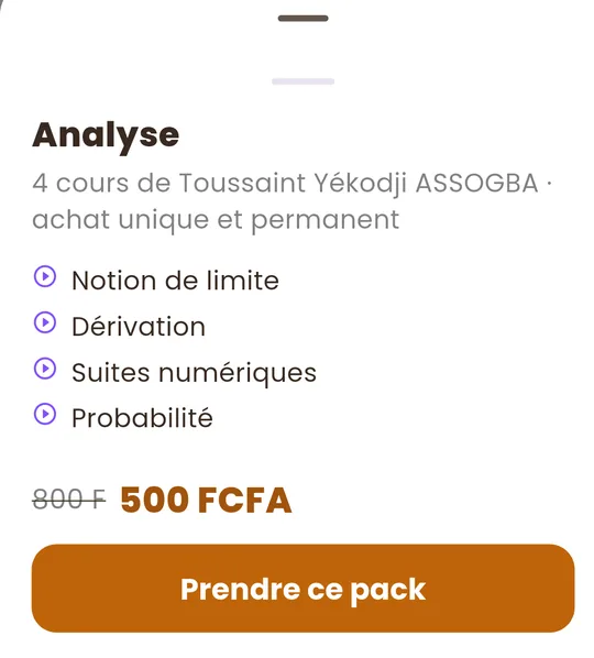 Détail d'un pack de quatre cours : 800 F barré, 500 FCFA, bouton « Prendre ce pack »